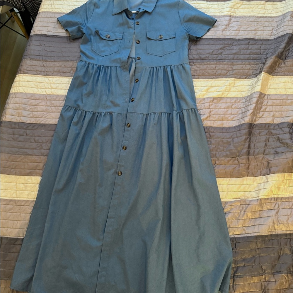 Light blue long maxi tiered summer button down dress
